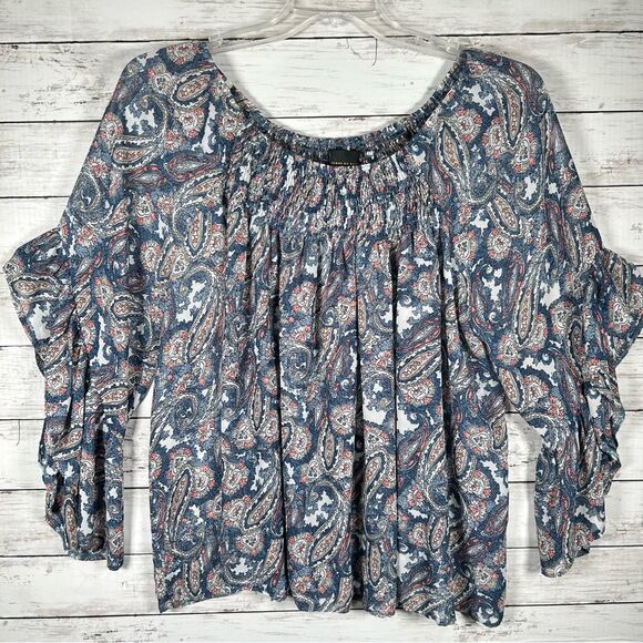 Jeans by Buffalo Smock Front And Back With Ruffle Angel Sleeves Blue Paisley L - Picture 1 of 6